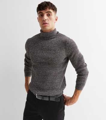 Dark Grey Ribbed Knit Roll Neck Muscle Fit Jumper