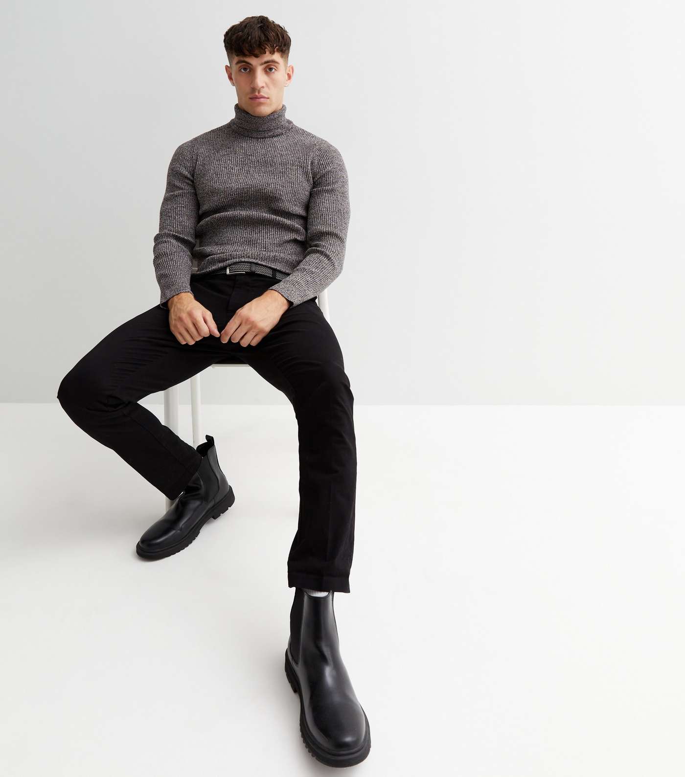 Dark Grey Ribbed Knit Roll Neck Muscle Fit Jumper Image 2