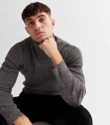 Dark Grey Ribbed Knit Roll Neck Muscle Fit Jumper | New Look