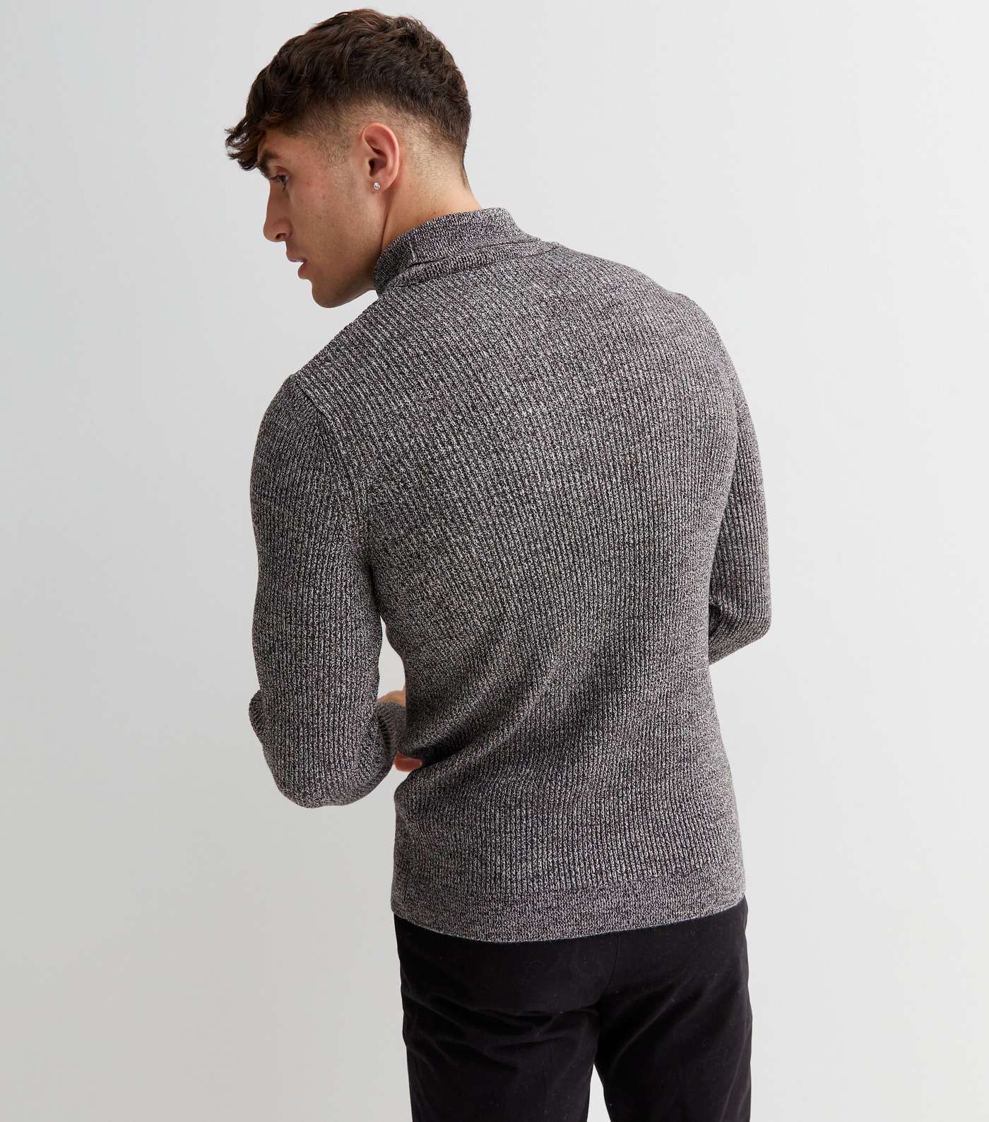 Dark Grey Ribbed Knit Roll Neck Muscle Fit Jumper Image 4