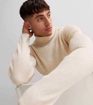 Off White Ribbed Knit Roll Neck Muscle Fit Jumper