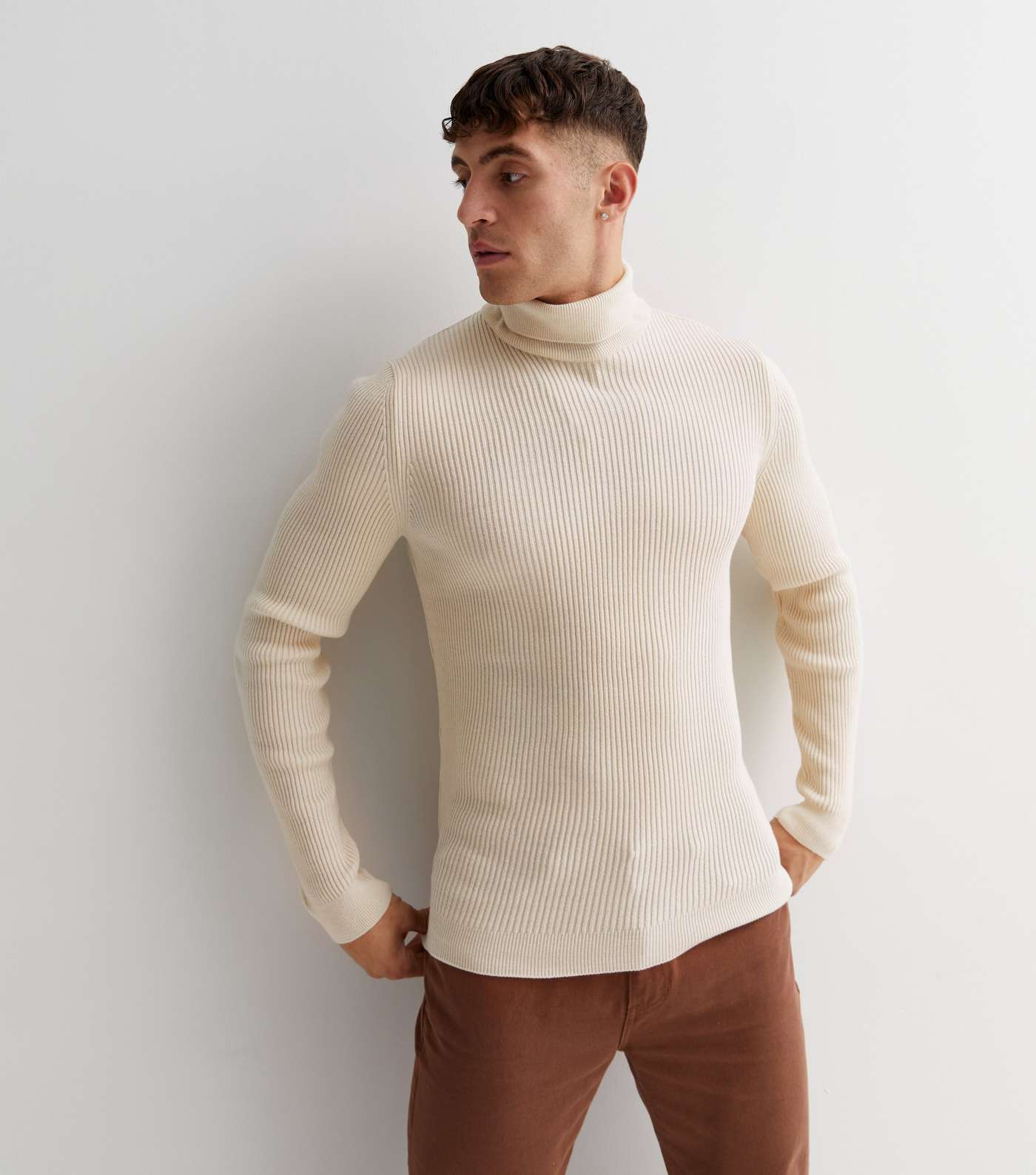 Off White Ribbed Knit Roll Neck Muscle Fit Jumper Image 2