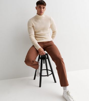 Off White Ribbed Knit Roll Neck Muscle Fit Jumper | New Look