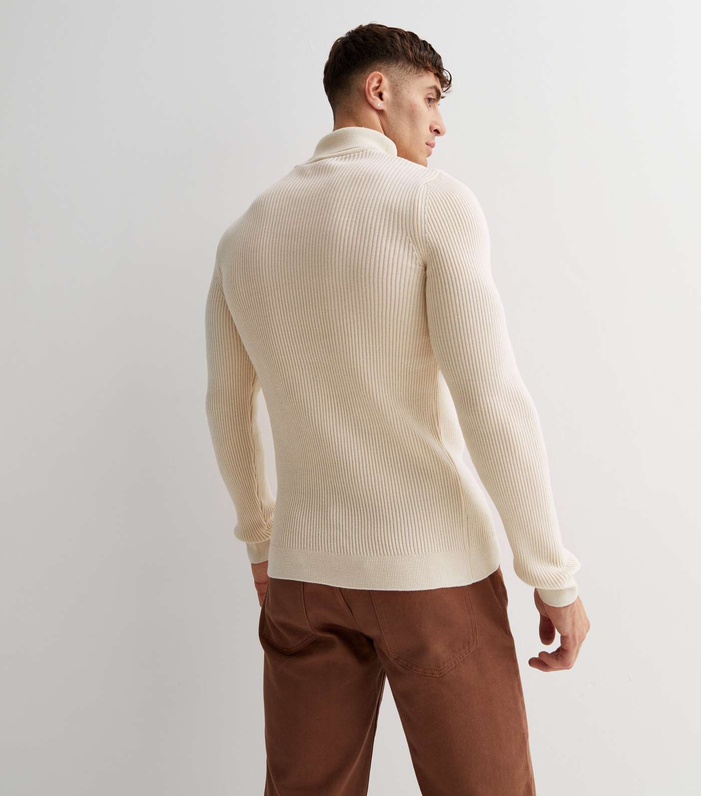 Off White Ribbed Knit Roll Neck Muscle Fit Jumper Image 4