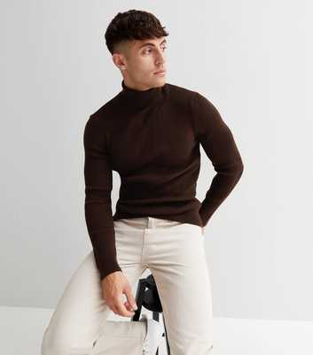 Dark Brown Ribbed Knit Roll Neck Muscle Fit Jumper