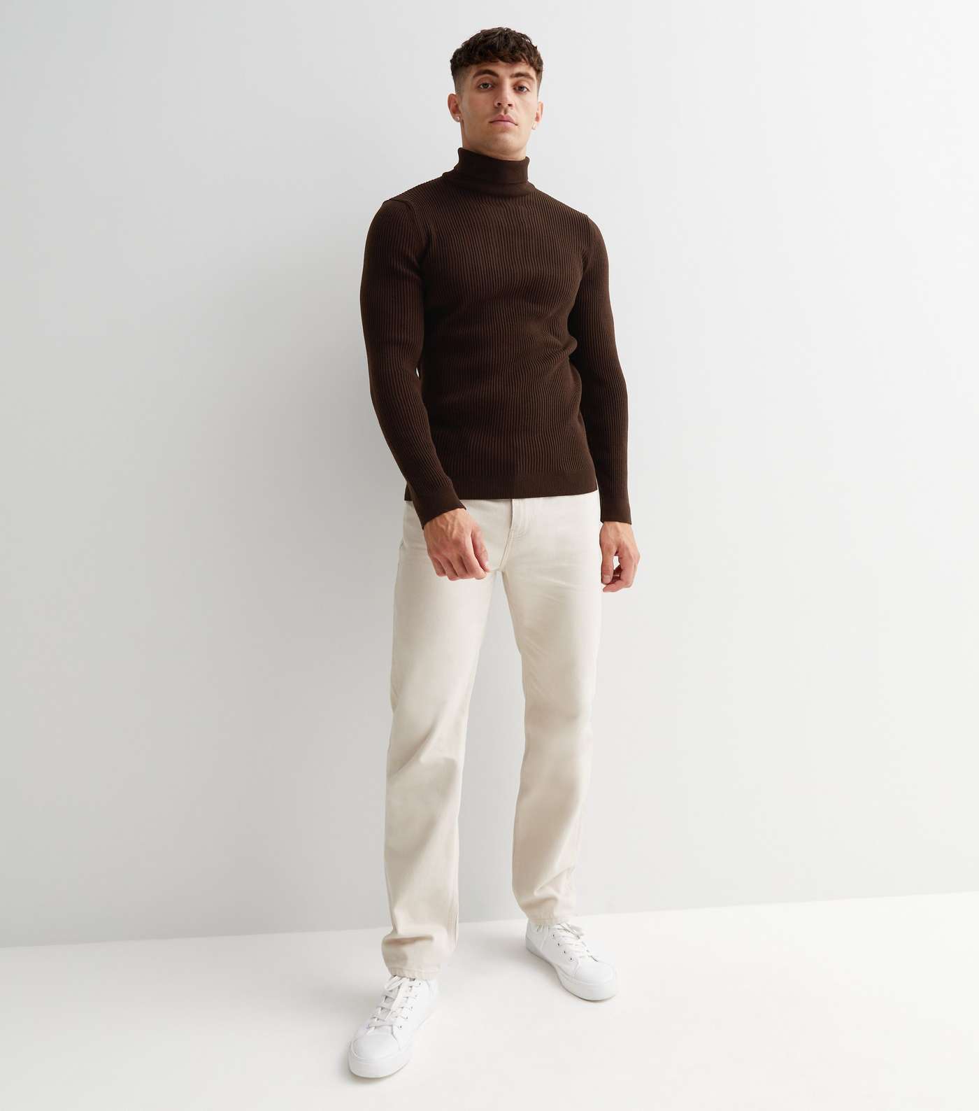 Dark Brown Ribbed Knit Roll Neck Muscle Fit Jumper Image 2