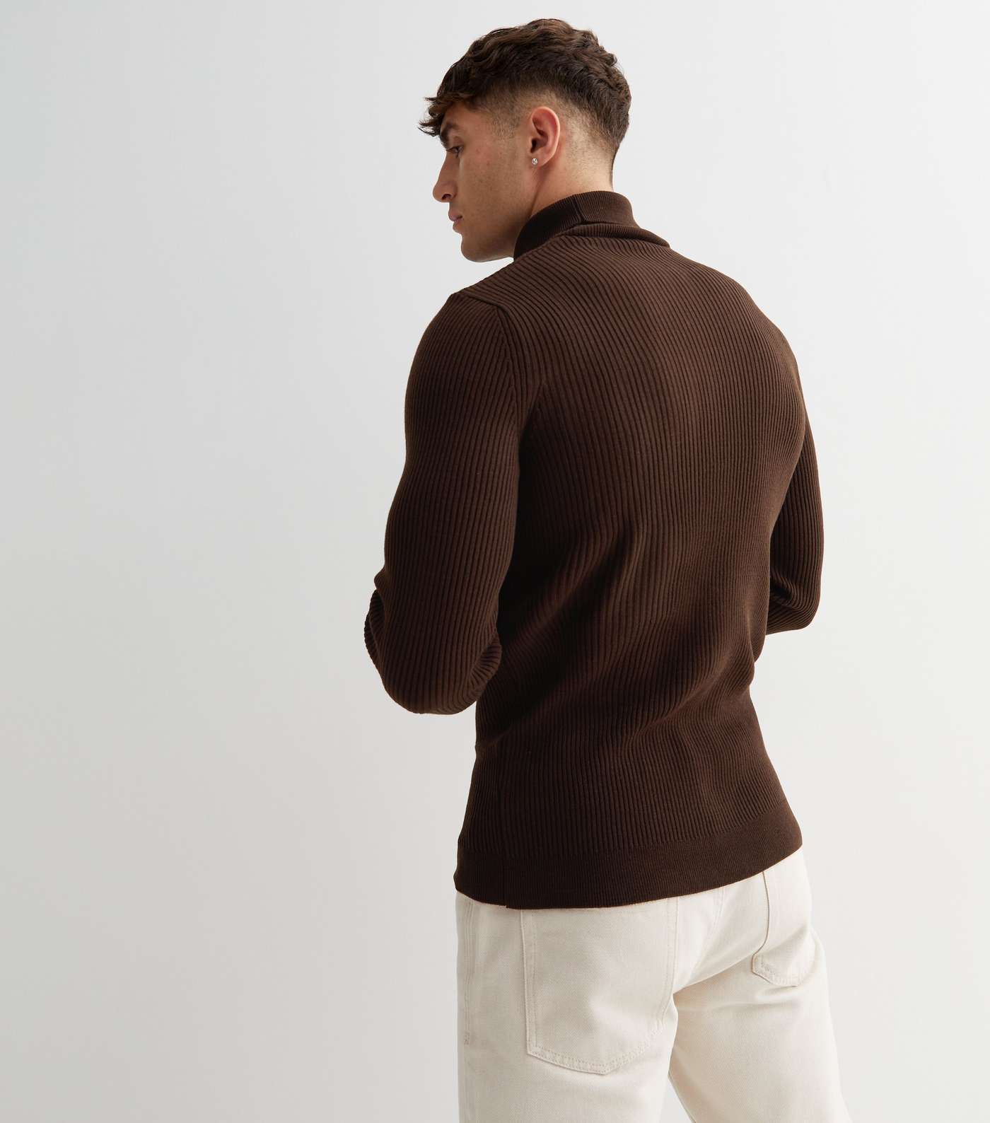 Dark Brown Ribbed Knit Roll Neck Muscle Fit Jumper Image 4