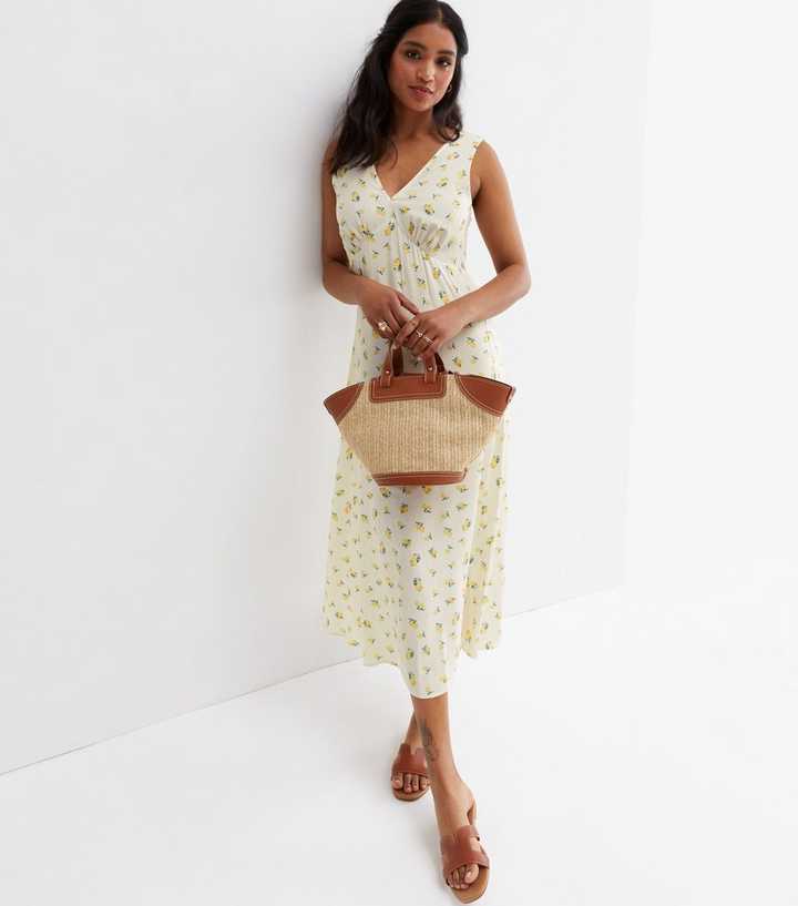 White Floral V Neck Sleeveless Midi Dress