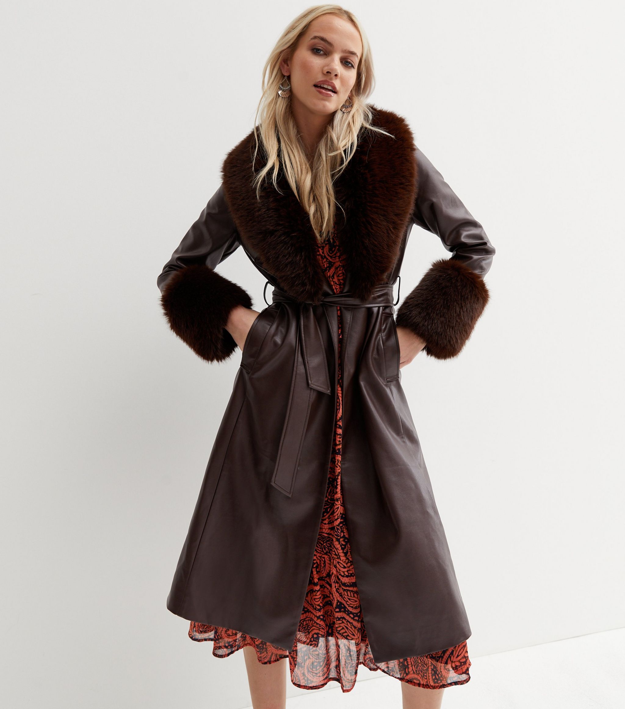 ark Brown Leather-Look Faux Fur Trim Belted Coat New Look