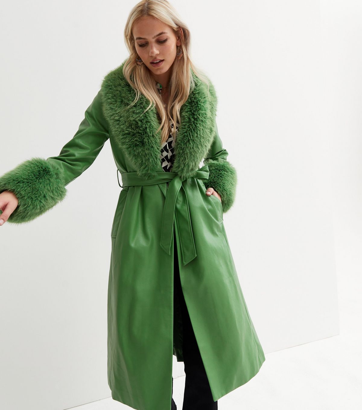 Green Leather-Look Faux Fur Trim Belted Coat