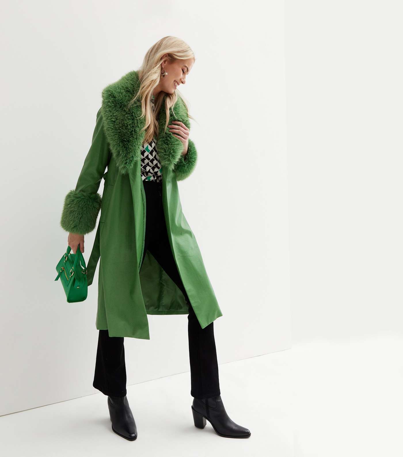 Green Leather-Look Faux Fur Trim Belted Coat Image 3