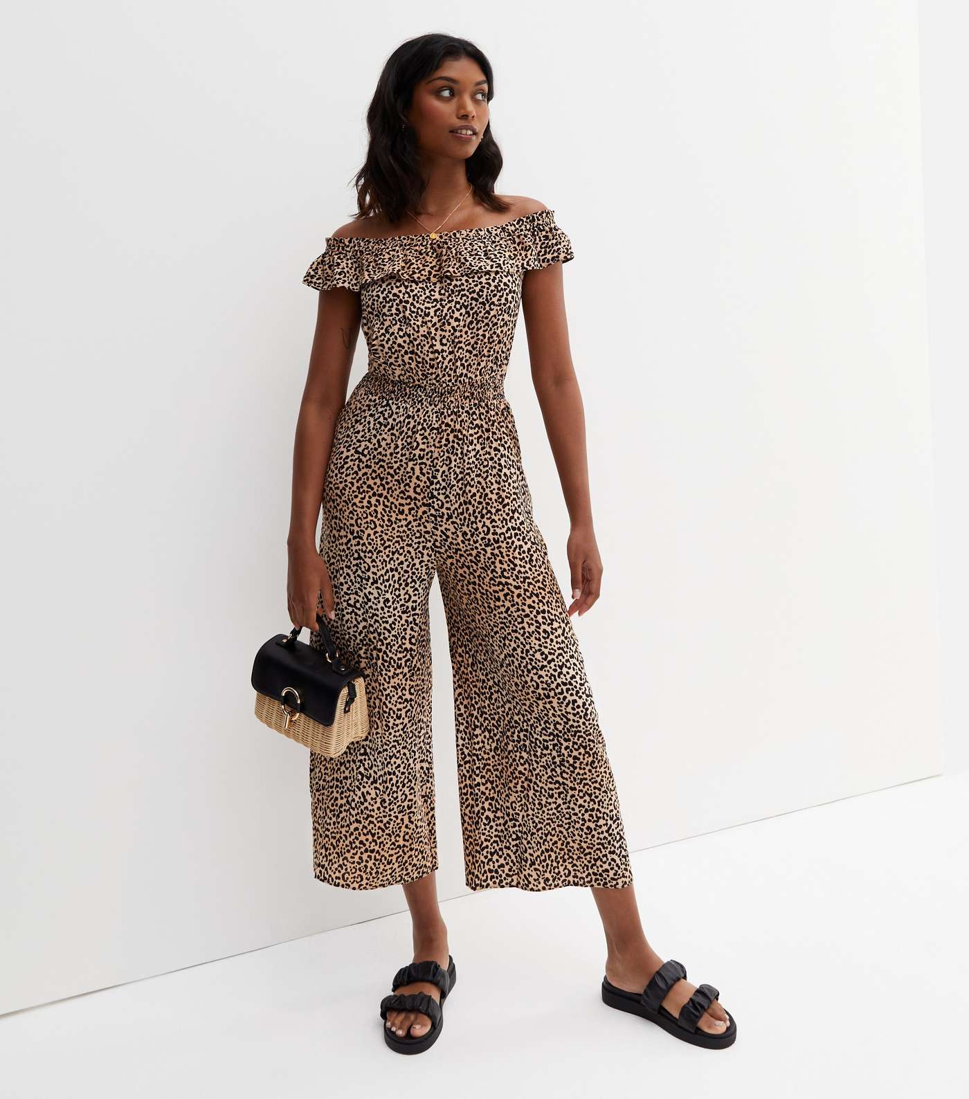 Brown Leopard Print Frill Bardot Wide Leg Crop Jumpsuit