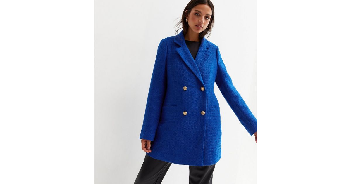Blue Bouclé Double Breasted Long Blazer New Look