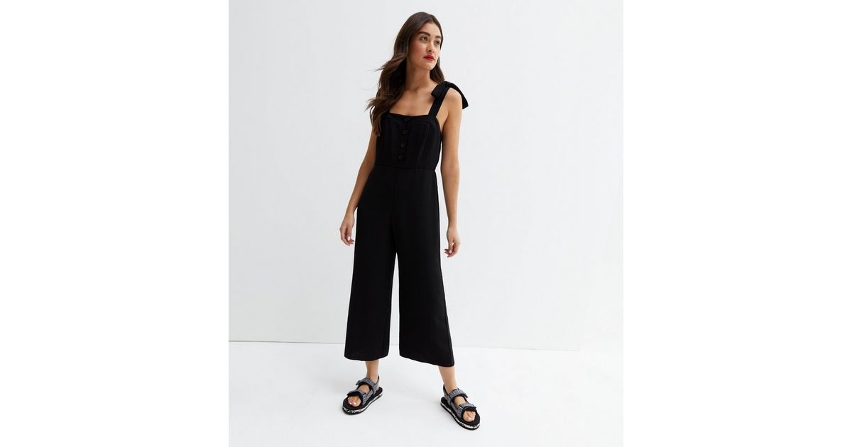 Black Herringbone Tie Strap Crop Button Jumpsuit New Look