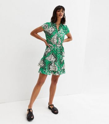 Green Tile Print Double Tiered Mini Shirt Dress