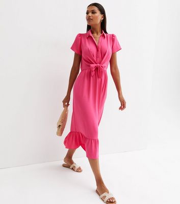 Damen Bekleidung Bright Pink Tie Front Tiered Midi Shirt Dress