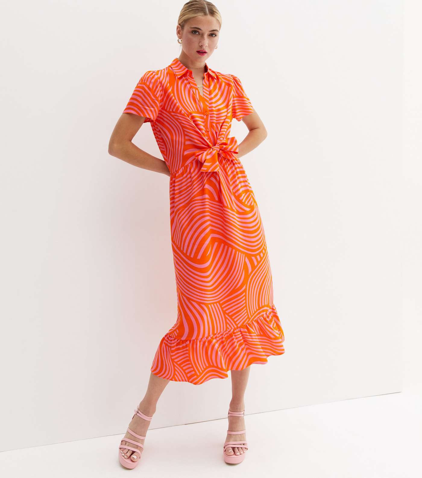 Orange Wavy Collared Tie Front Ruffle Hem Midi Shirt Dress Image 2