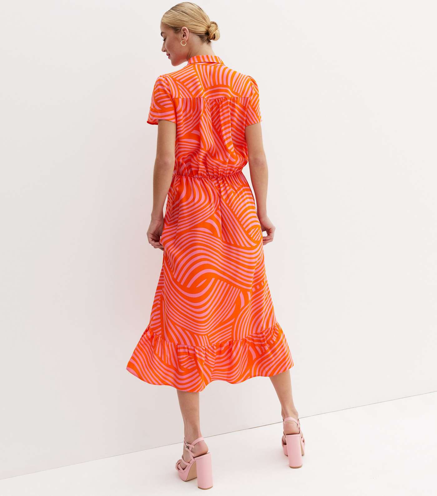 Orange Wavy Collared Tie Front Ruffle Hem Midi Shirt Dress Image 4