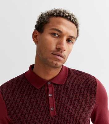 Burgundy Geometric Fine Knit Slim Fit Polo Shirt