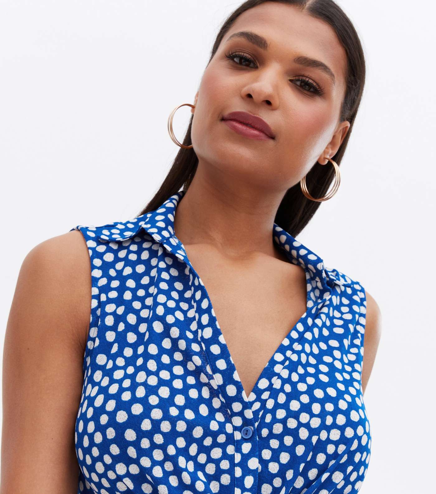 Blue Spot Collared Twist Front Sleeveless Blouse Image 3