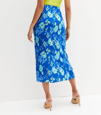 Blue Leopard Jacquard Satin Knot Midi Wrap Skirt | New Look