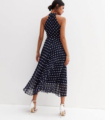 Click to view product details and reviews for Blue Spot Chiffon Pleated Midi Halter Dress New Look.