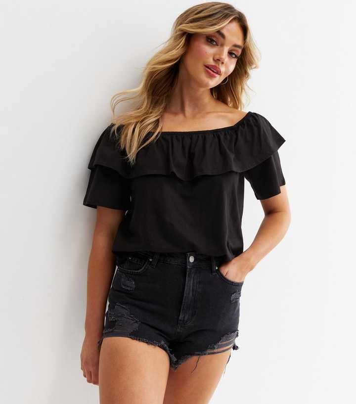 Black Frill Bardot Top | New Look