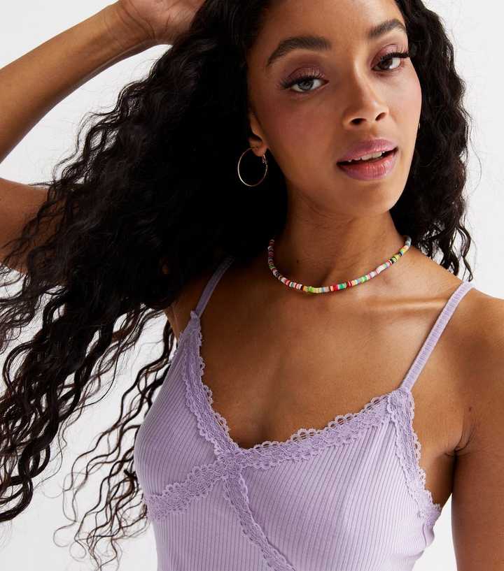 Lilac Ribbed Lace Trim Cami