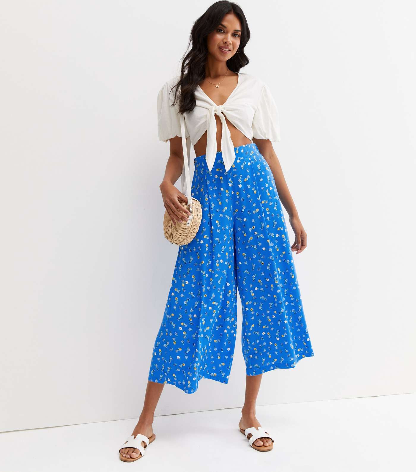 Blue Floral Pleated Wide Leg Crop Trousers