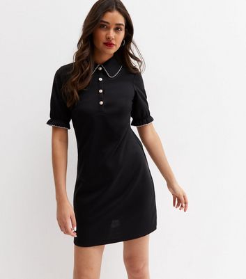 Black Jersey Faux Pearl Button Front Polo Mini Dress