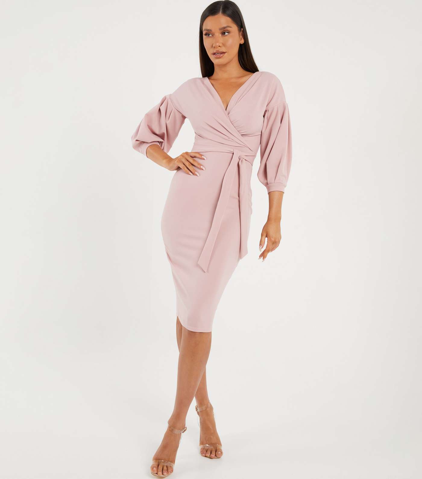 QUIZ Pink Puff Sleeve Tie Waist Midi Wrap Dress