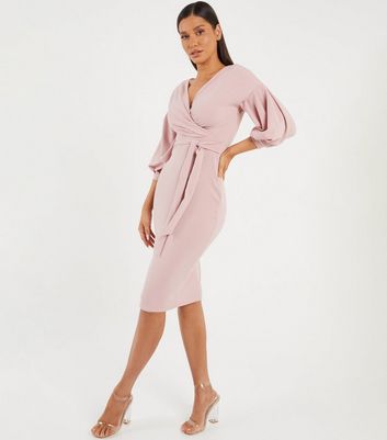 Damen Bekleidung QUIZ Pink Puff Sleeve Tie Waist Midi Wrap Dress