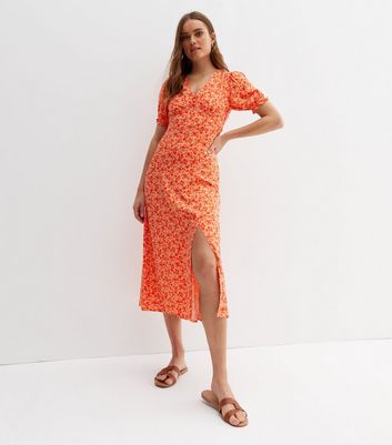 Orange Ditsy Floral Button Front Midi Dress | New Look