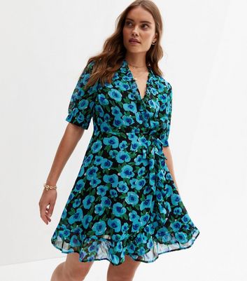 Blue Floral Ruffle Mini Wrap Dress