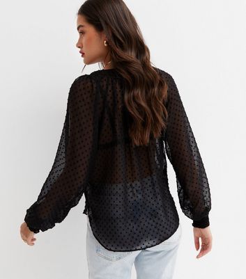 Black Spot Chiffon V Neck Long Puff Sleeve Blouse | New Look