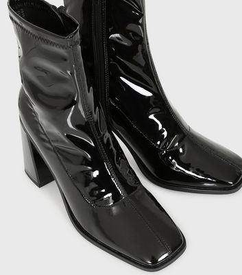 London Rebel Black Patent Flared Block Heel Sock Boots New Look