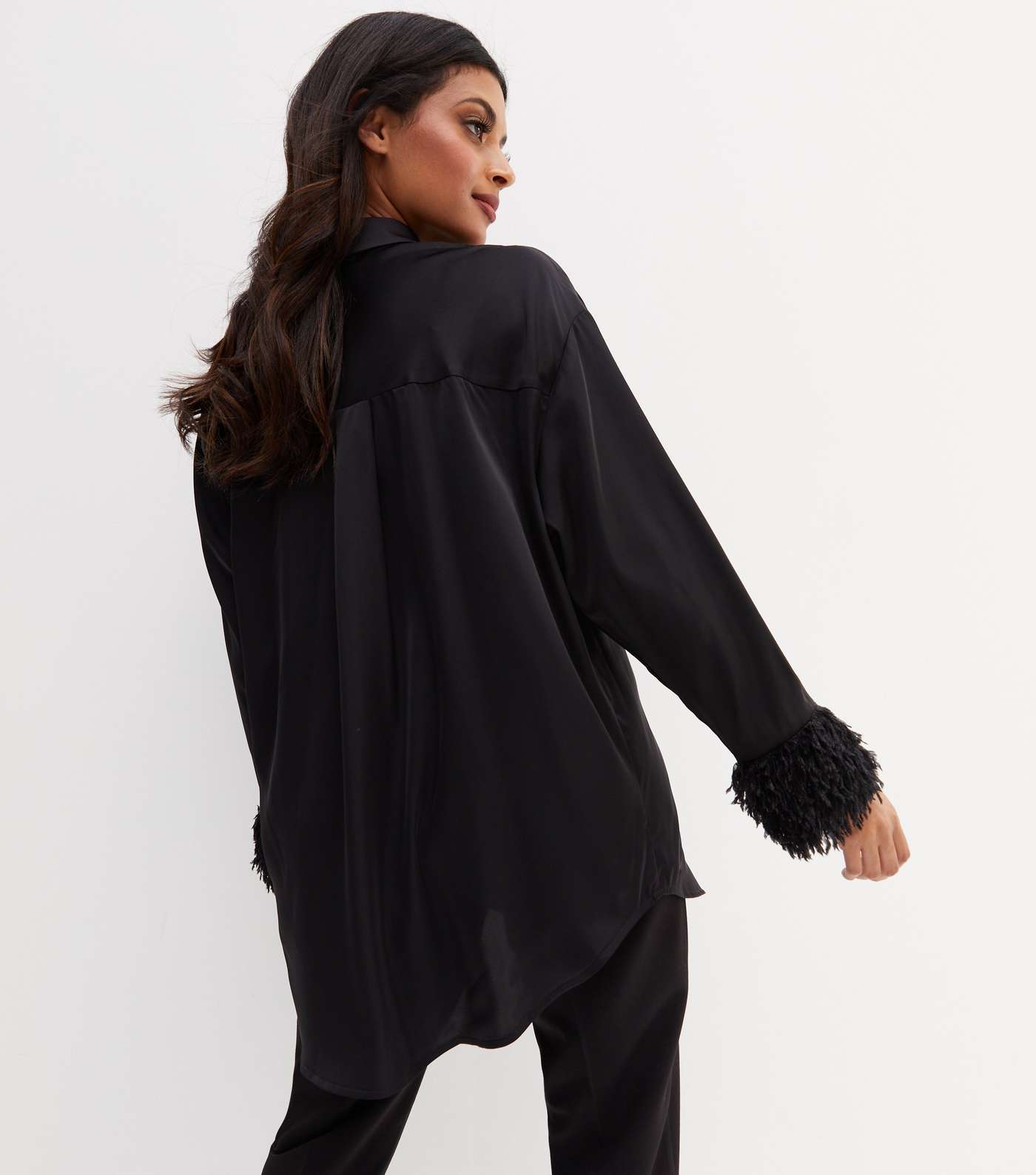 Black Satin Fluffy Sleeve Long Shirt Image 4
