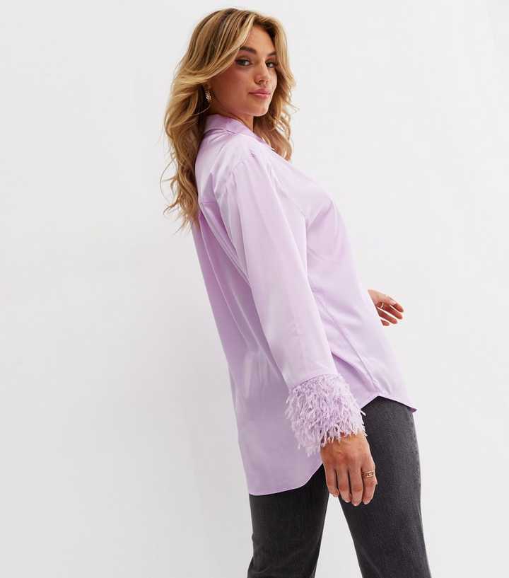 Lilac Satin Fluffy Sleeve Long Shirt