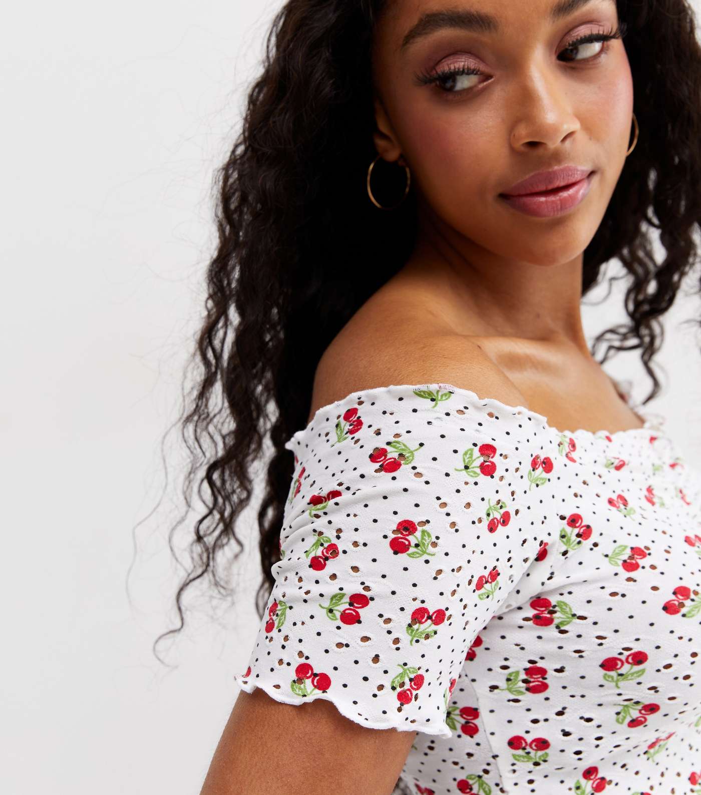 White Cherry Broderie Ruched Bardot Crop Top Image 2