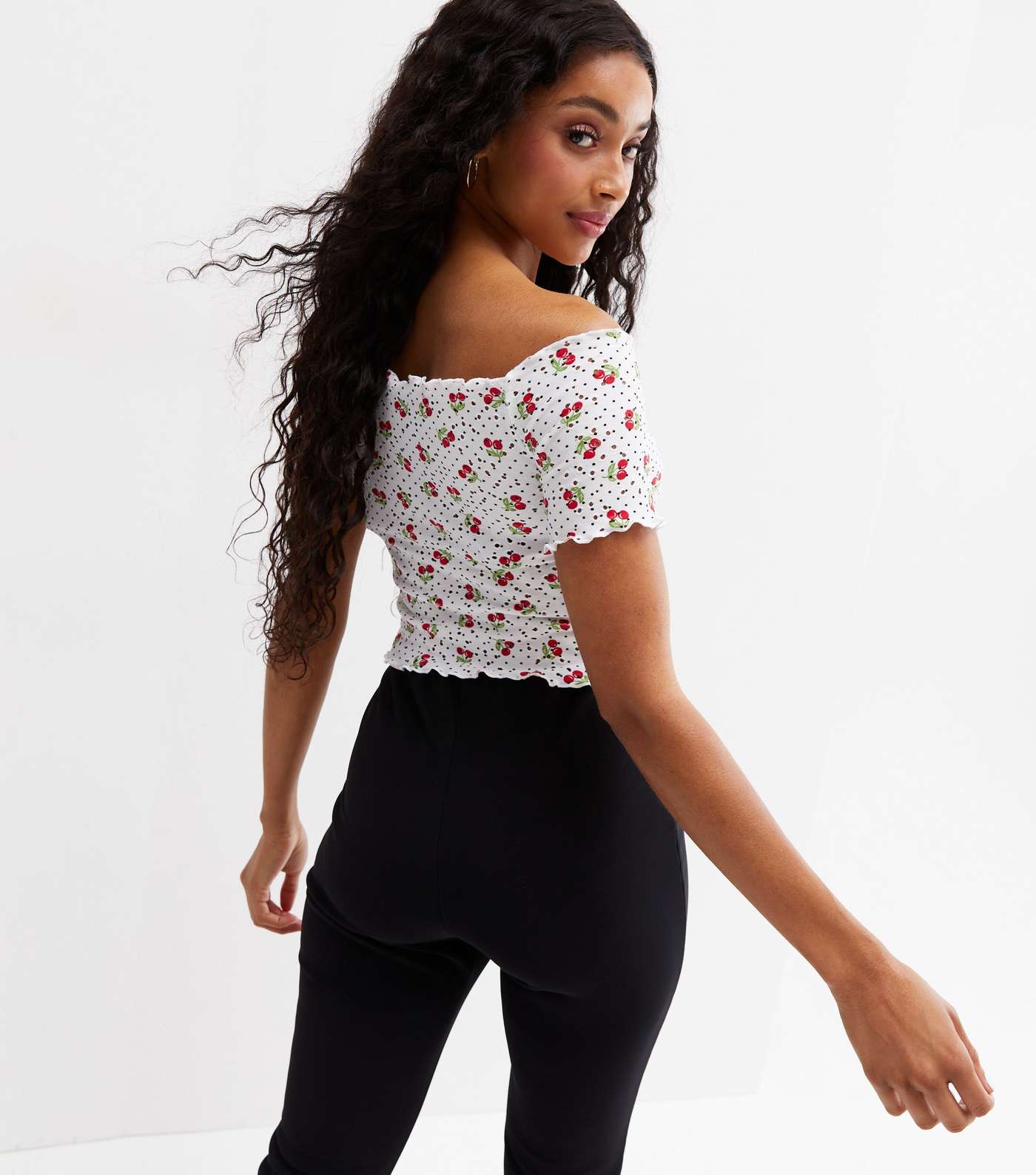 White Cherry Broderie Ruched Bardot Crop Top Image 4