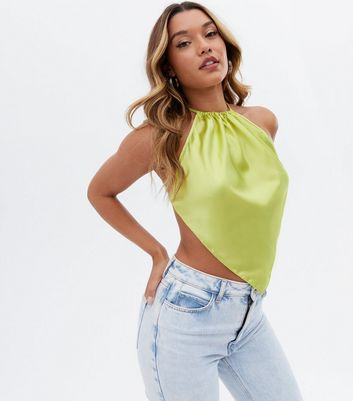 Light Green Satin Hanky Hem Halter Top