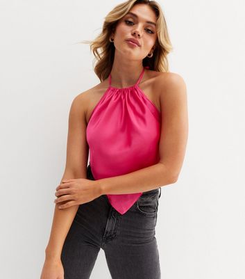 Bright Pink Satin Hanky Hem Halter Neck Top New Look