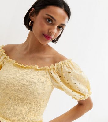 Pale Yellow Shirred Broderie Sleeve Bardot Top