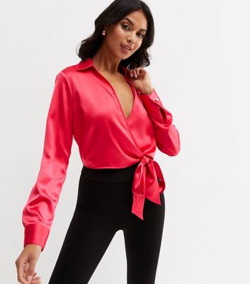 Bright Pink Satin Wrap Tie Side Shirt