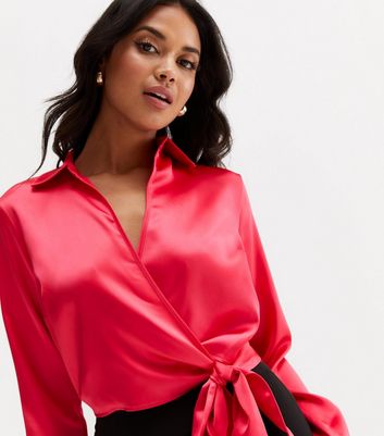 Bright Pink Satin Wrap Tie Side Shirt 