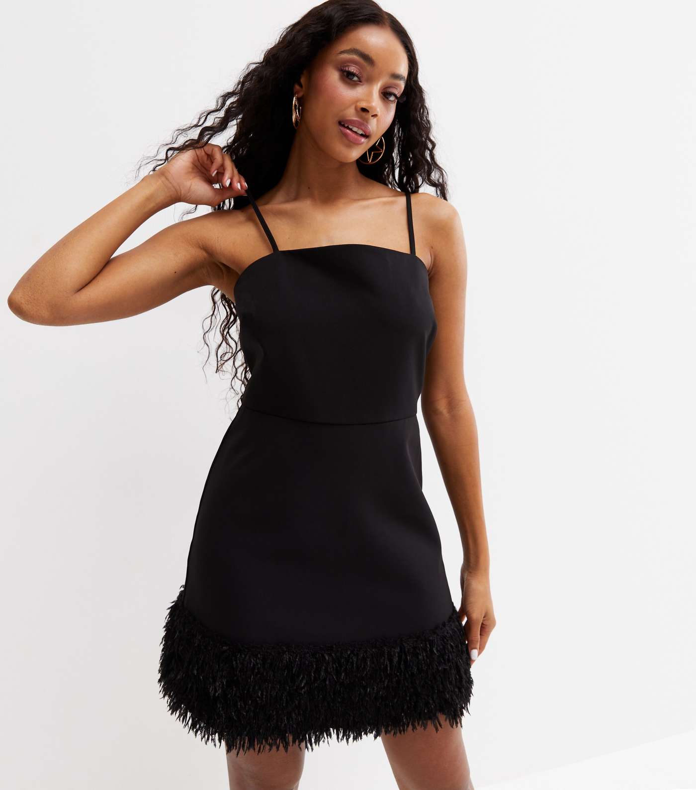 Black Strappy Faux Feather Hem Mini Dress Image 2