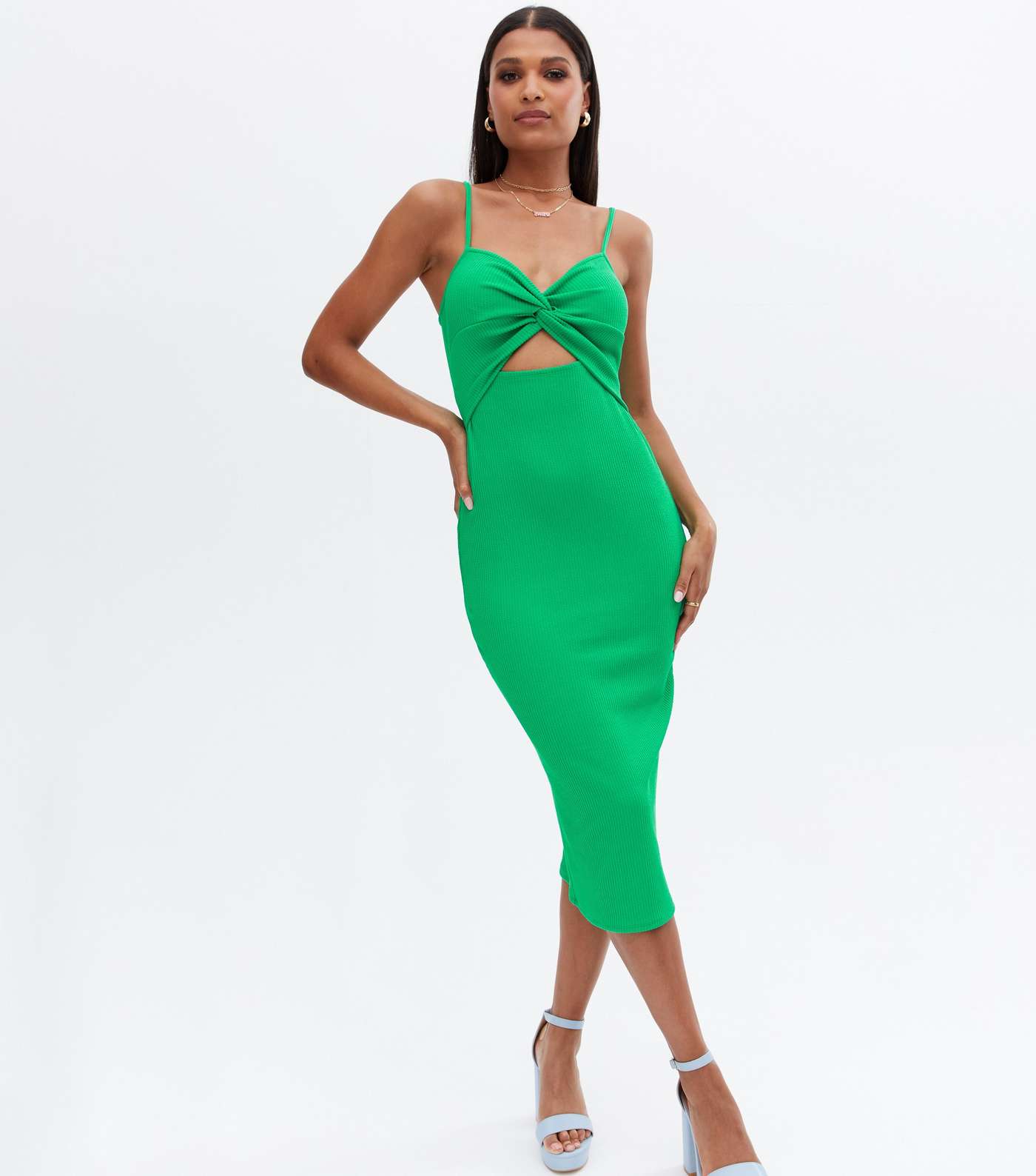 Green Ribbed Twist Cut Out Midi Bodycon Dress