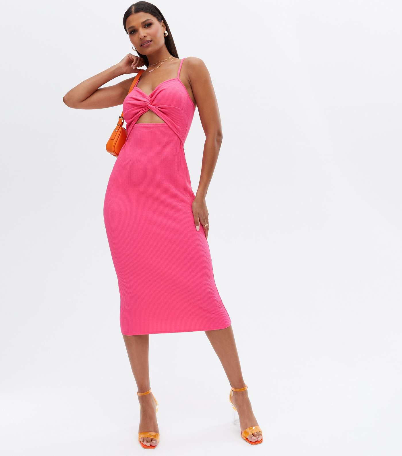 Bright Pink Ribbed Twist Cut Out Midi Bodycon Dress