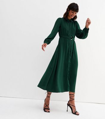 Dark Green Belted Midi Shirt Dress New Look