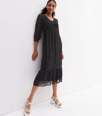 Black Spot Chiffon Shirred V Neck Tiered Midi Dress